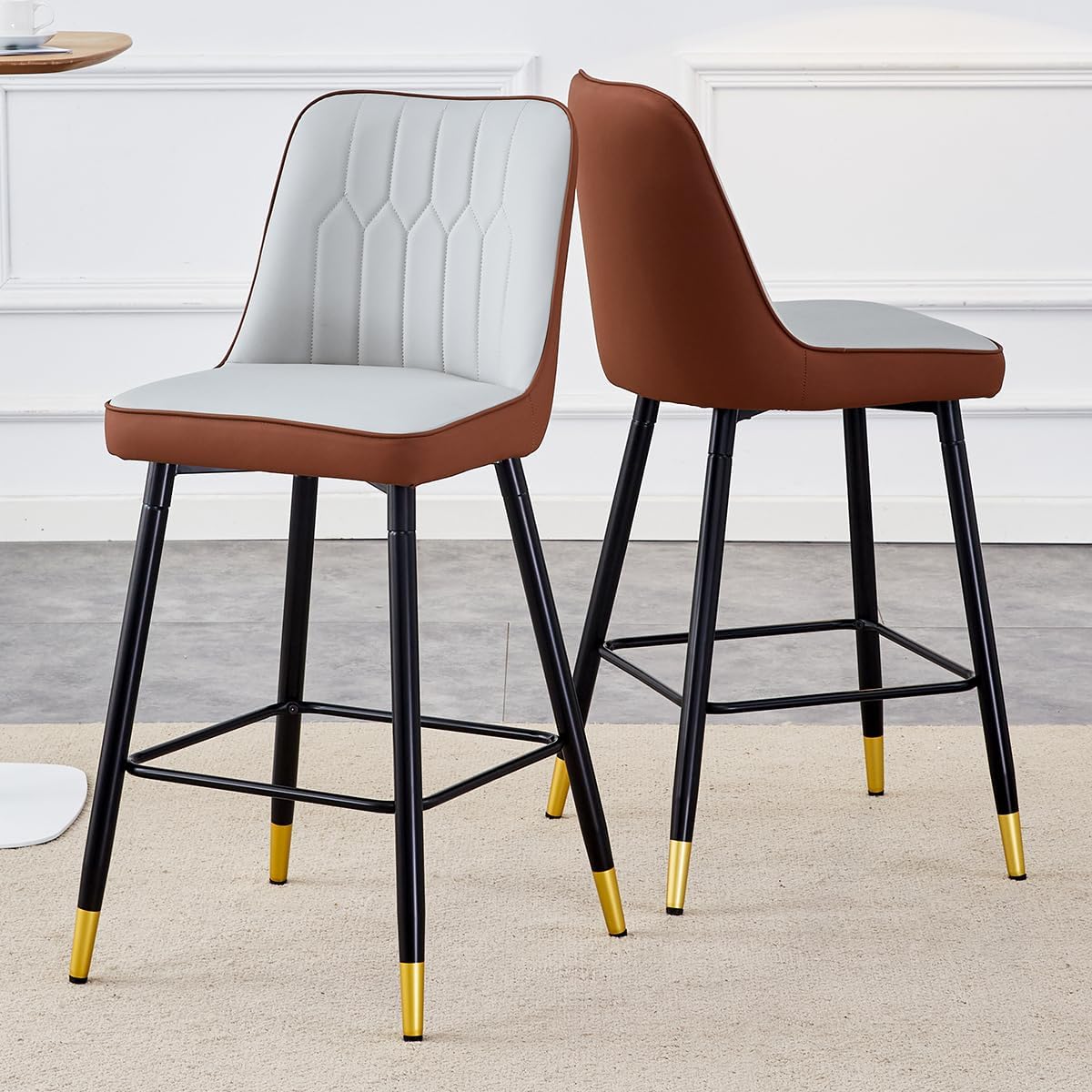 Leather Bar Stools Set of 2 - Grey Bar Stools with Back,27'' Counter Height Bar Stools with Metal Footrest,Modern Kitchen Island Chairs Ideal for Pub,Cafe,Dining Room Bar