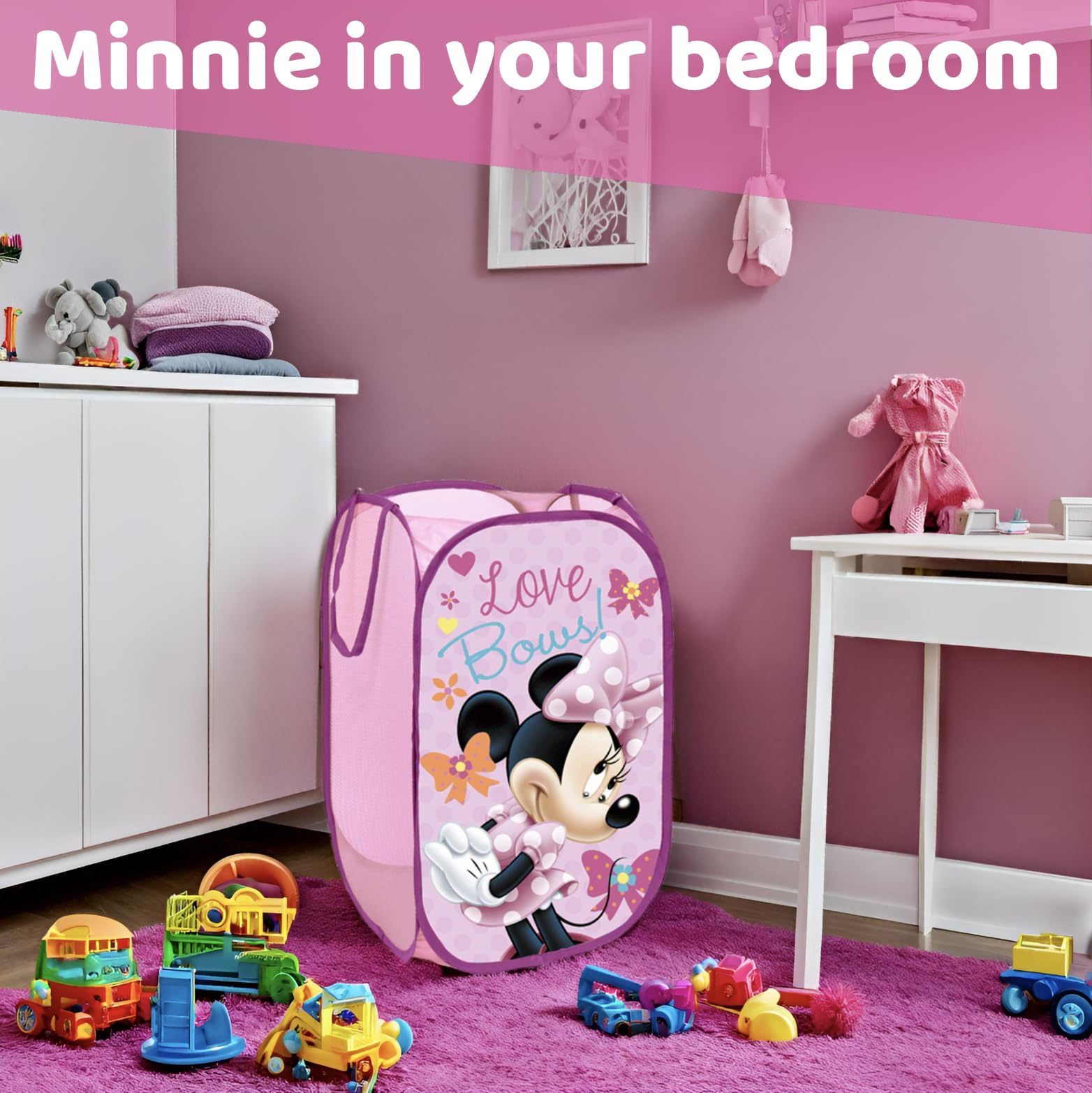 SUPERDIVER - Panier pliable Minnie - Licence Officielle Disney Minnie Mouse - Idéal pour ranger jouets et vêtements - 36x36x58 cm - Léger et compact - Parfait pour les filles et les garçons.