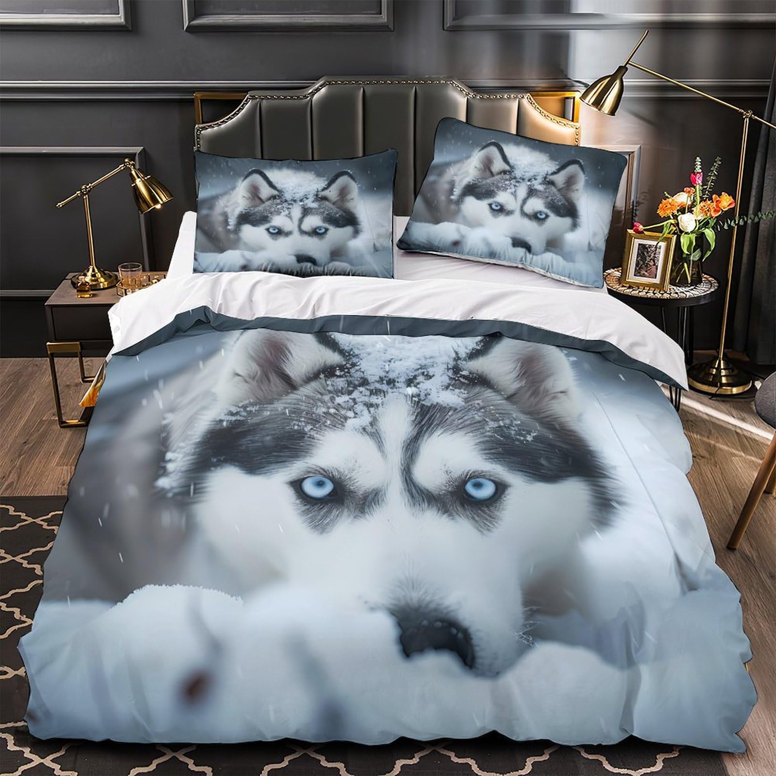 Parure de lit Husky Sibérien hypoallergénique en microfibre résistante avec éclair 220x240