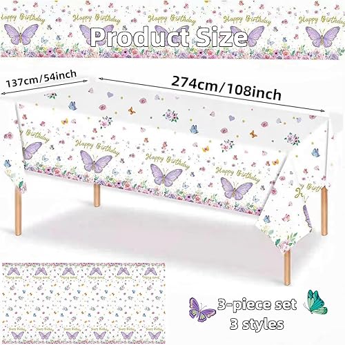 Miniatura 2 de 3 manteles de mariposa de feliz cumpleaños, decoración de fiesta de cumpleaños de mariposa para niña, 108 x 54 pulgadas, cubierta de mesa de