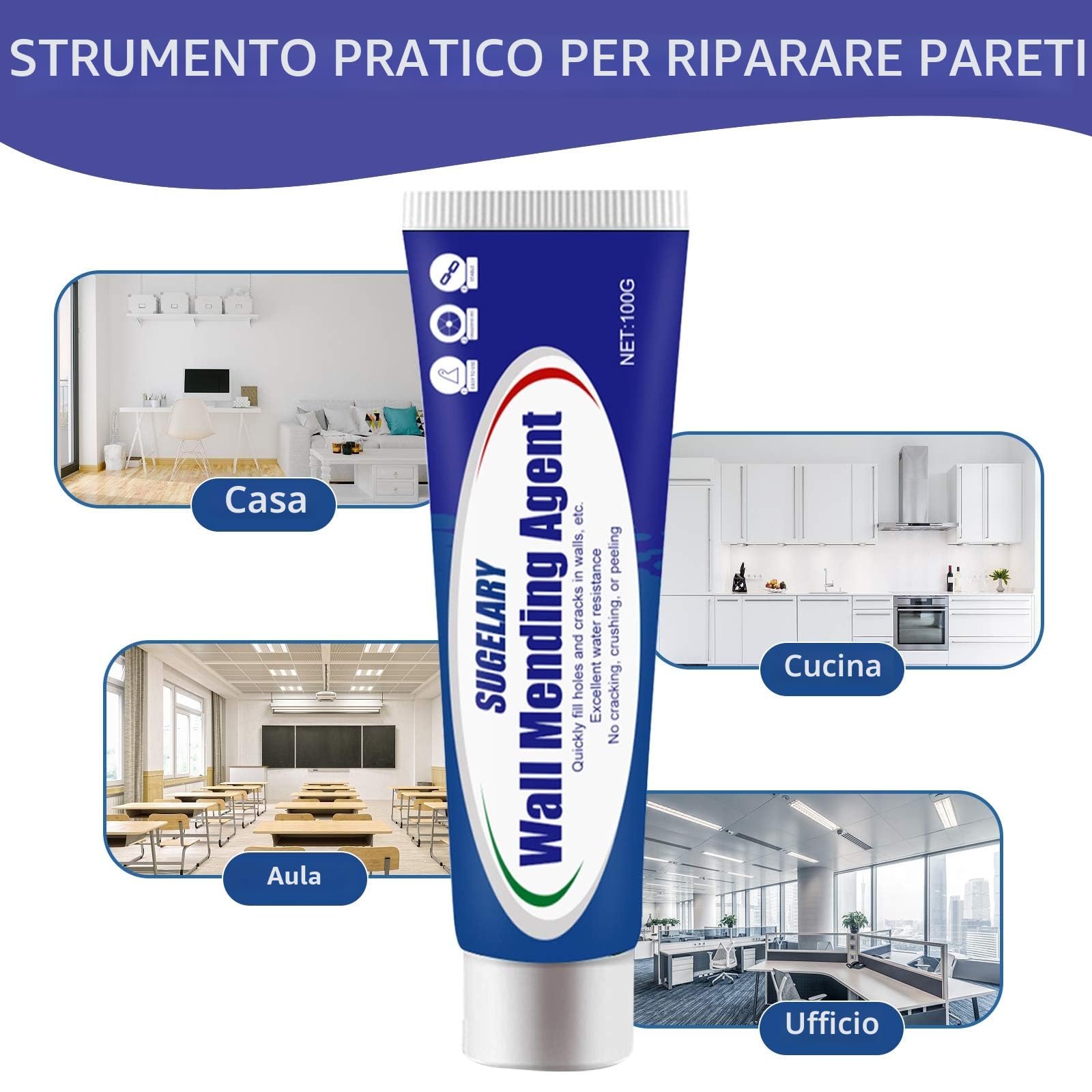 Stucco per Muro, Kits Stucco Riempitivo per Muro, Efficacemente Riparare Graffi da Parete, Fori per Unghie, Crepe, Graffiti (100g) (1pack)