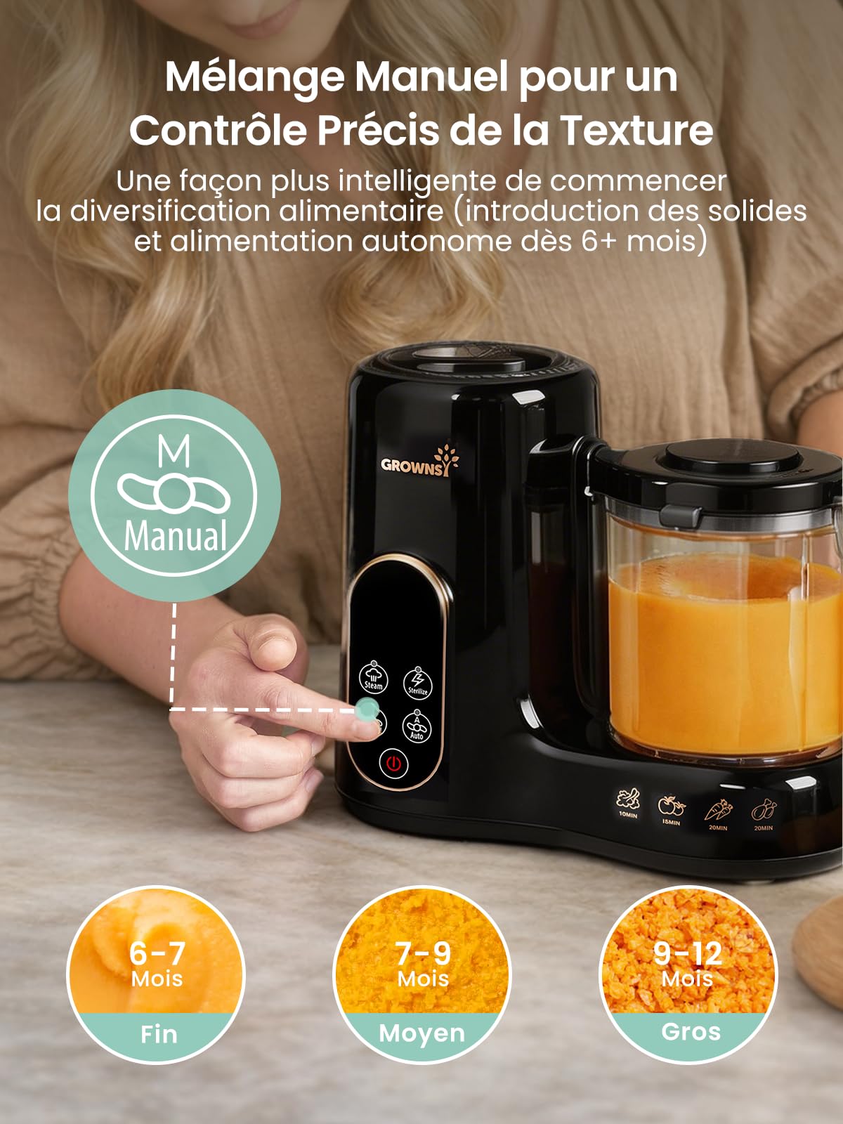 Grownsy Robot Cuiseur Bébé 6-en-1 – Cuisson Vapeur, Mixeur, Stérilisation, Réchauffage & Décongélation – Double Panier Vapeur, Petits Pots Maison, Sans BPA