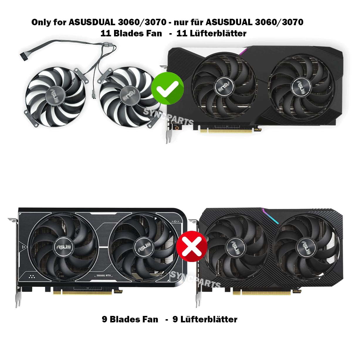 Lüfter für ASUS Dual RTX 3060 Ti/RTX 3070 – T129215SU CF1010U12S, 95mm, 7-Pin – NUR 11 Lüfterblätter – 2er Set