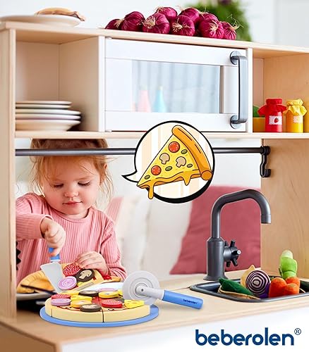 Miniatura 7 de Juguetes de pizza de madera para niños, 24 piezas de juguete de corte, juego de comida de juguete, accesorios de cocina, juguetes de cocina de