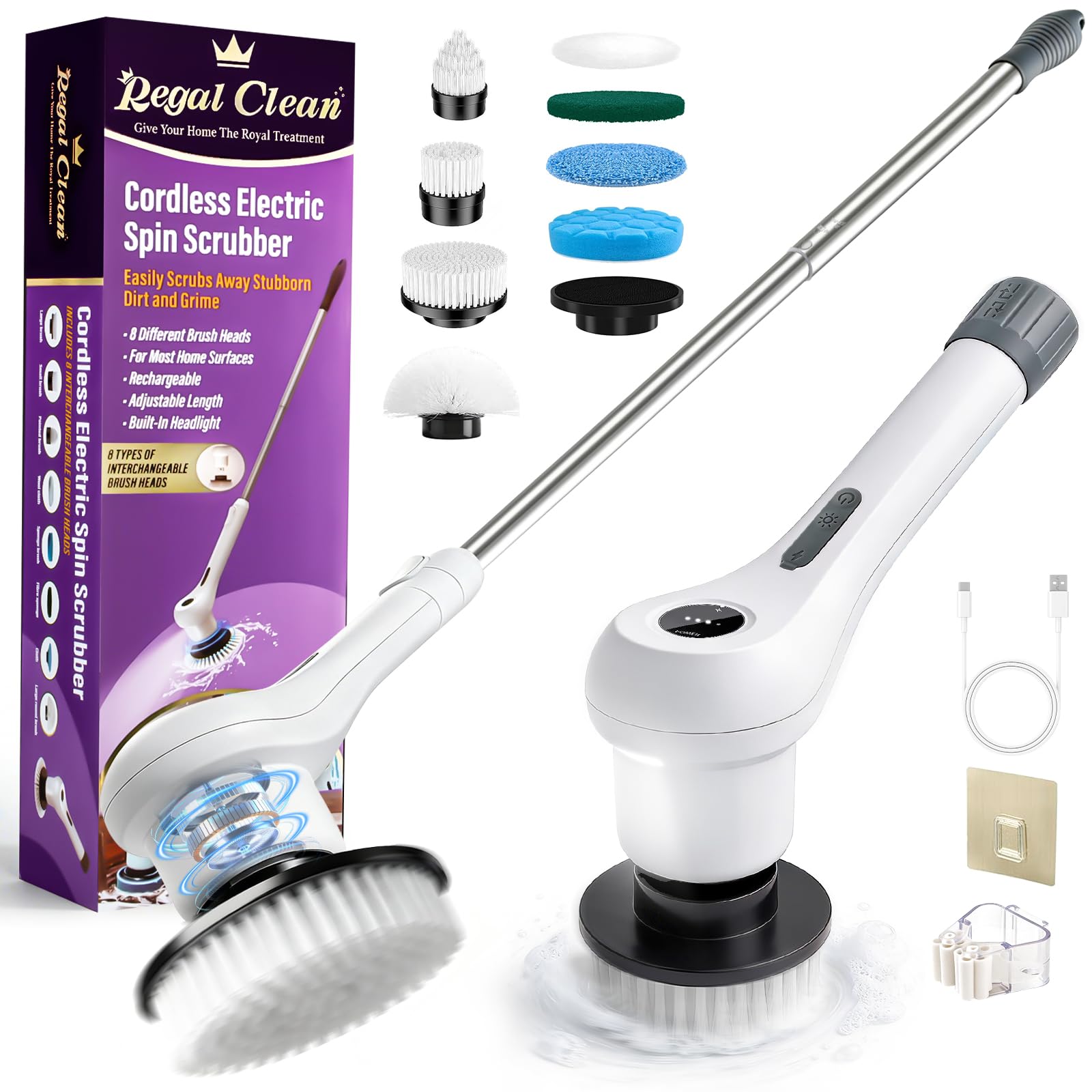 Elektrische Reinigungsbürste, 8 in 1 Putzbürste Elektrisch, Electric Cleaning Brush IPX7 Wasserdichter mit Austauschbaren Bohrbürstenköpfen und Verstellbarem Griff für Badezimmer, Fliesen, Küchenherd