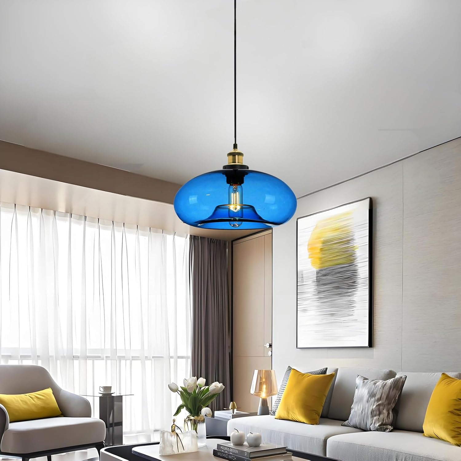 11" Dark Blue Glass Pendant Light Industrial Vintage Design Suitable for Kitchen Island Bedroom Dining Room Adjustable Height E26 Bulb Compatible (Dark Blue)