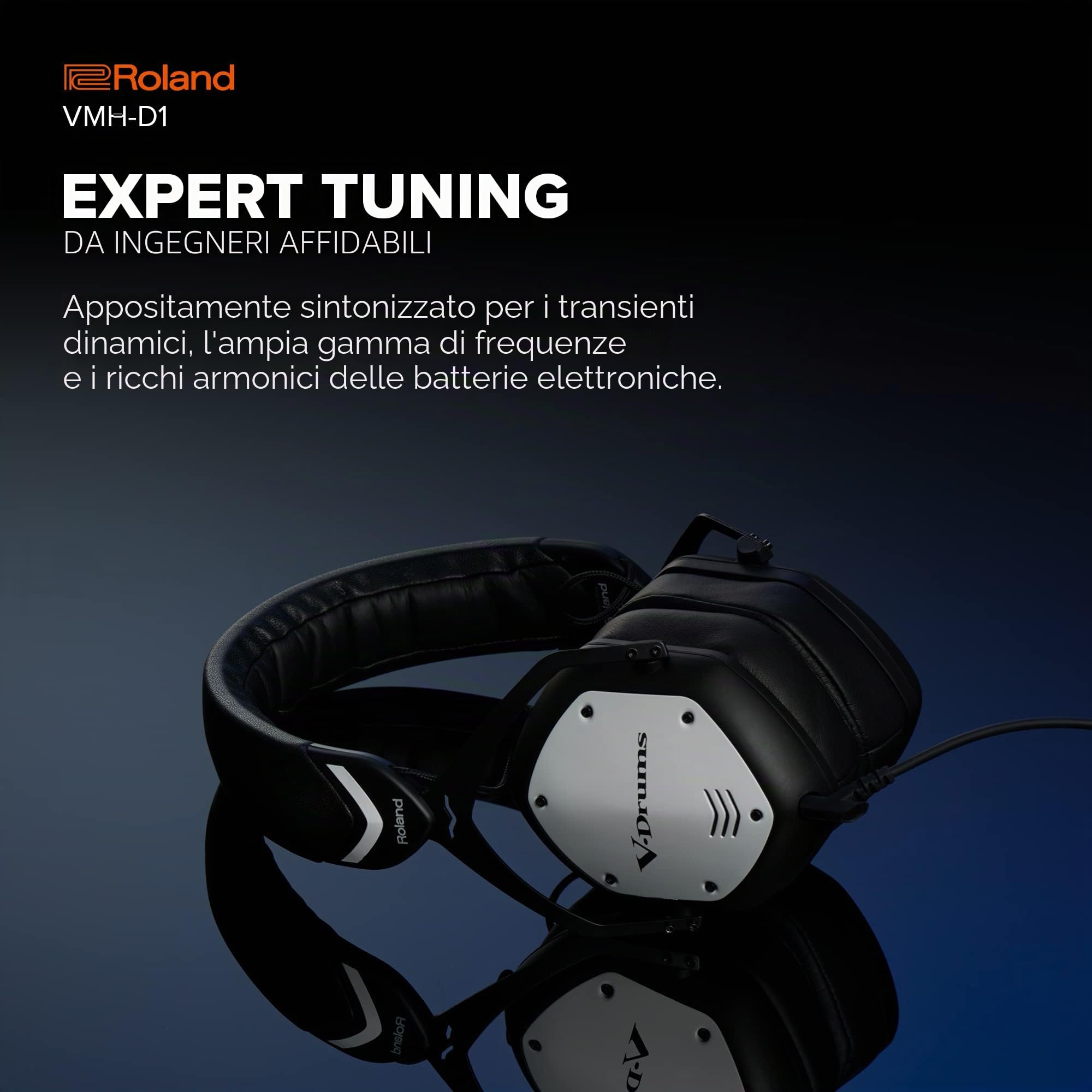 Roland VMH-D1 Cuffie per V-Drums | Progettate da Roland & V-Moda per le V-Drums & Tutte le Batterie Elettroniche | Suono Immersivo | Massimo Comfort | Cavo Lungo Per Suonare Senza Intoppi
