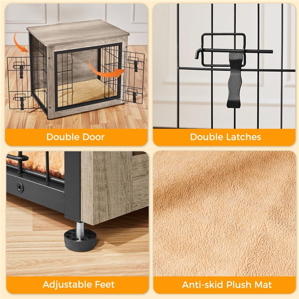 Yaheetech Gabbia per Cani Kennel Tavolino Armadietto con Doppie Porte Gatti a Rete in Legno da Interno 69 × 51 × 61 cm Grigio