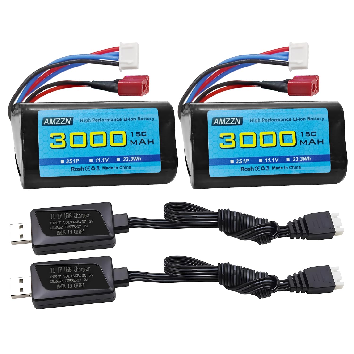 2 Stück 11.1V 3000mAh 15C 3S T-Plug Li-Ion Akku mit USB-Ladegerät, geeignet für R608 2104 Boot bürstenlose Fernbedienung, 210E 200E Auto bürstenlose Fernbedienung