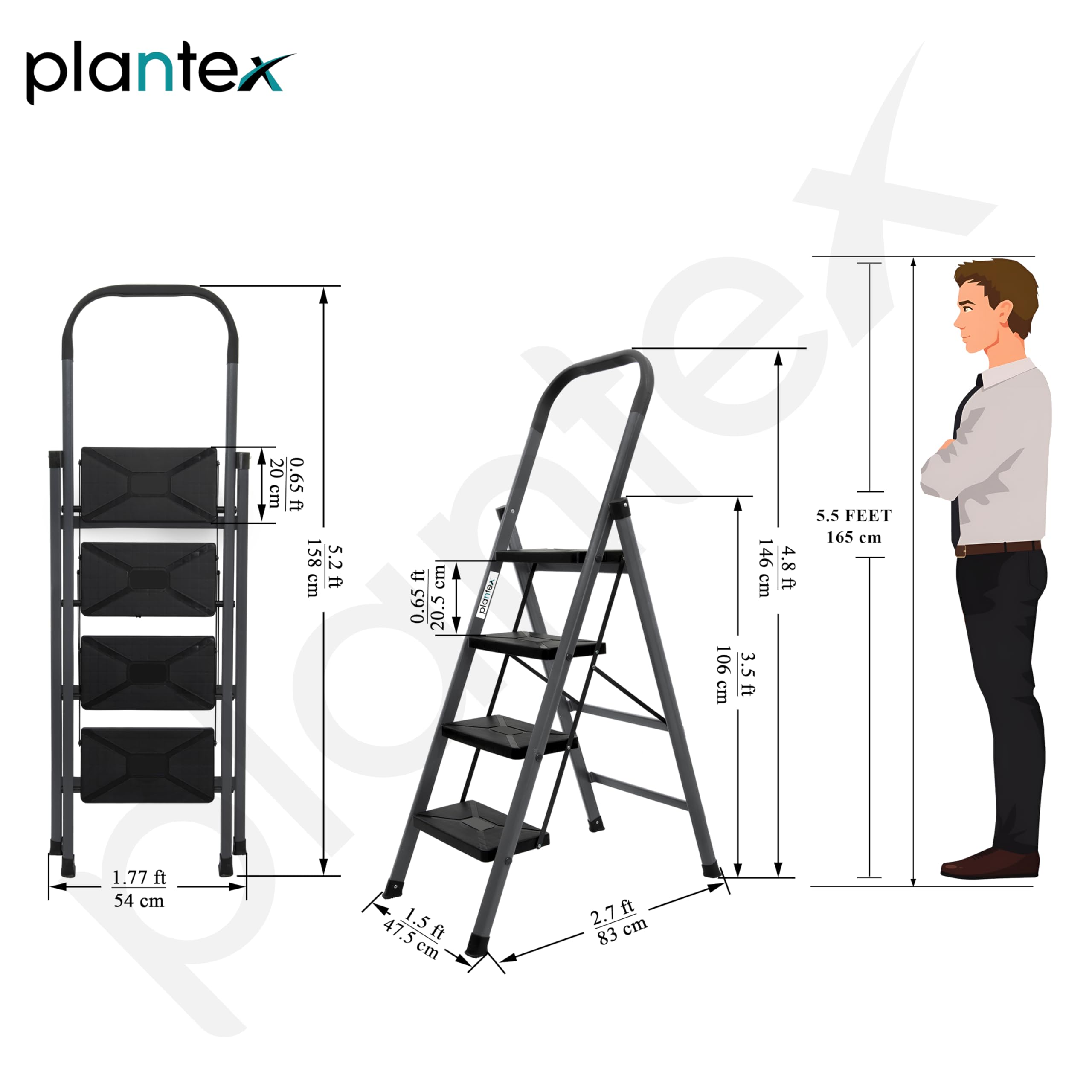 Plantex GI Steel 4-Step Ladder for Home/Easy to fold/Anti-Skid Wide Steps Ladder - (Aura, Black & Grey) 2