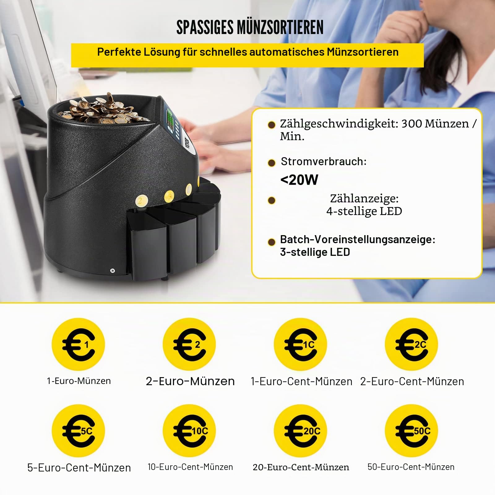 VEVOR Euro Münzzähler Sortierer 500-1000 Münzen Elektronische Automatik EUR Münzzählmaschine 300 Münzen pro Minute mit 8 Münzschubladen für Schulladenbank, schwarz