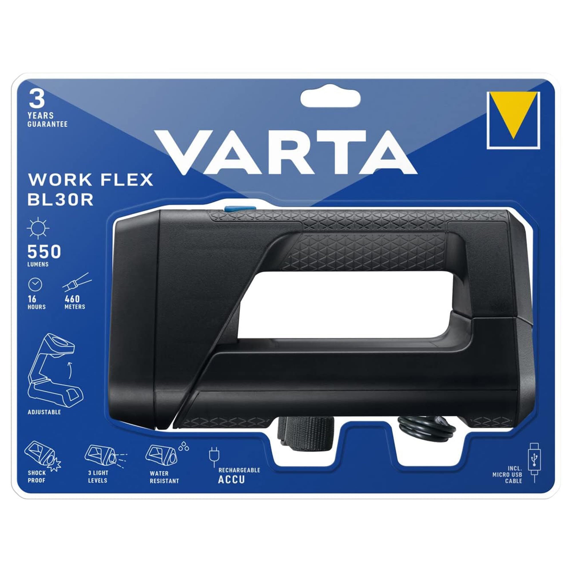 VARTA Baustrahler LED, wiederaufladbar, Arbeitsleuchte, Work Flex BL30R, Handscheinwerfer mit 3 Lichtmodi, Werkstattlampe für ideale Raumausleuchtung, Werkstatt, Auto, Schwarz | Arbeitsleuchte Handscheinwerfer mit 3 Lichtmodi, 550 Lumen, IPX4, Micro-USB,
