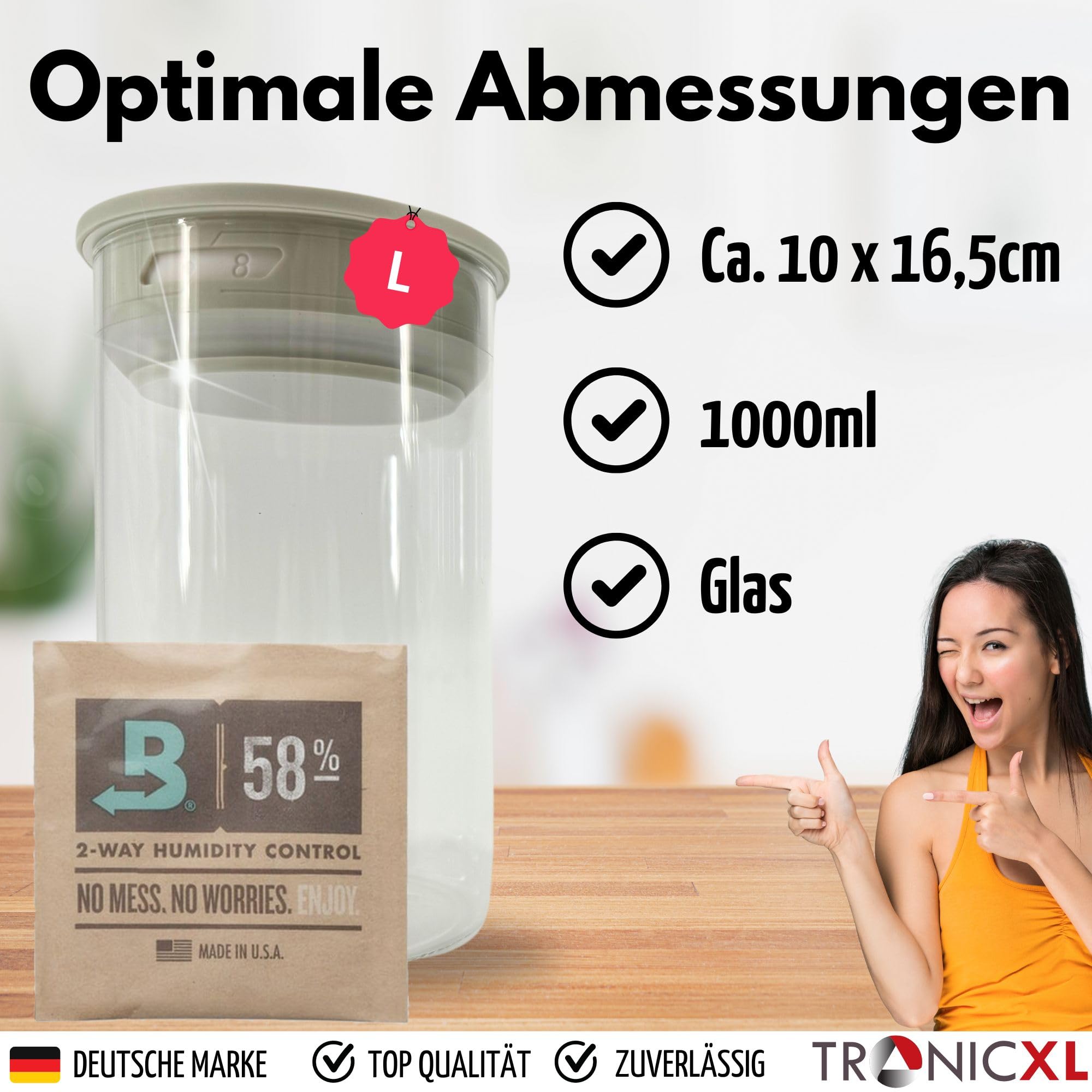 TronicXL 2 x 1 litro XXL sottovuoto per erbe borosilicate, in vetro da 1000 ml, ermetico, contenitore in vetro con coperchio, compatibile con Boveda, confezione da 58%