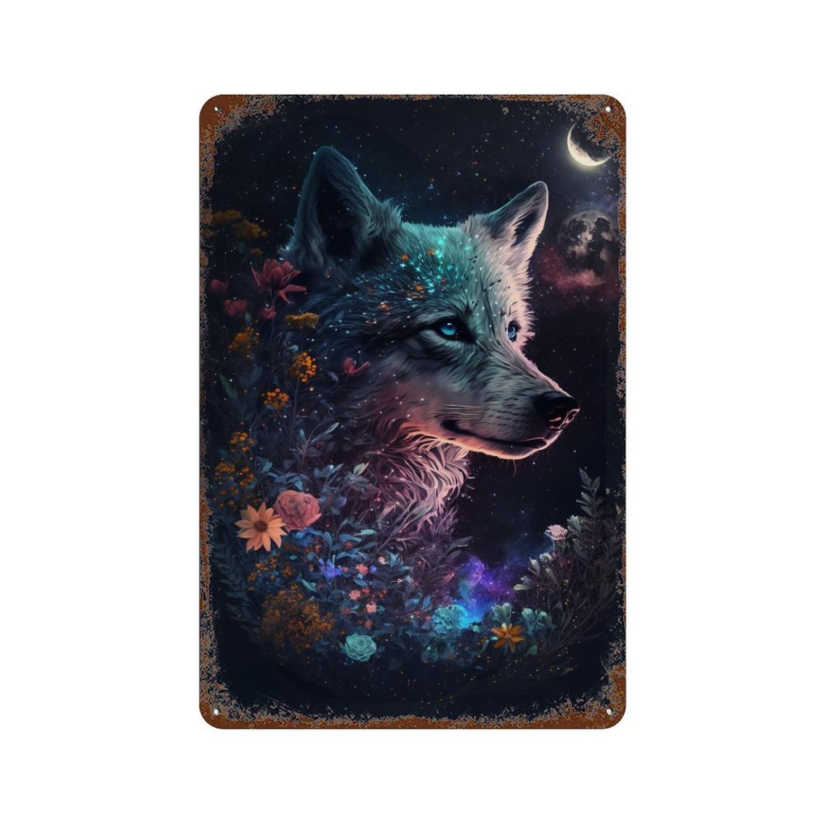 Magical Wolf with Flowers Aged Metal Wall Plaque 11.8"x7.9", Industrial Home Decor for Garage, Pub Or Kitchen