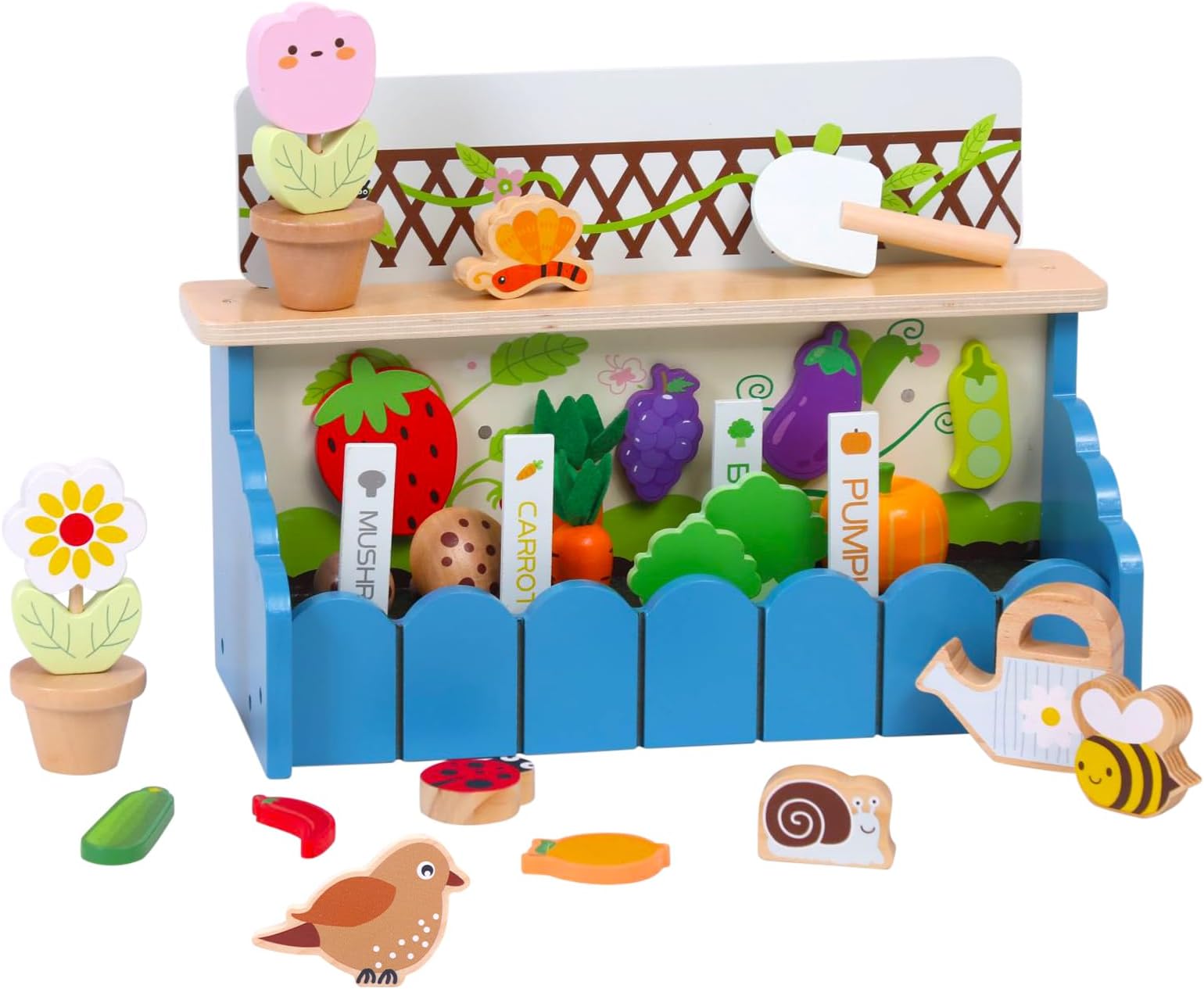 Wooden Flower Garden Toy Playset for Toddlers, Pretend Play Vegetable Garden Complete Playset for Kids, Montessori Preschool Learning Toy, Christmas Birthday Gift for Boys and Girls Ages 2-4
