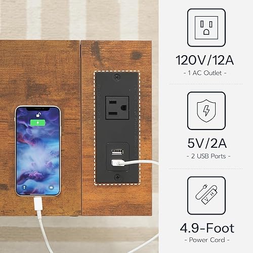 Miniatura 5 de HOOBRO Mesa auxiliar con estación de carga, mesa auxiliar estrecha con 2 cajones de tela, mesita de noche delgada con almacenamiento, mesita de