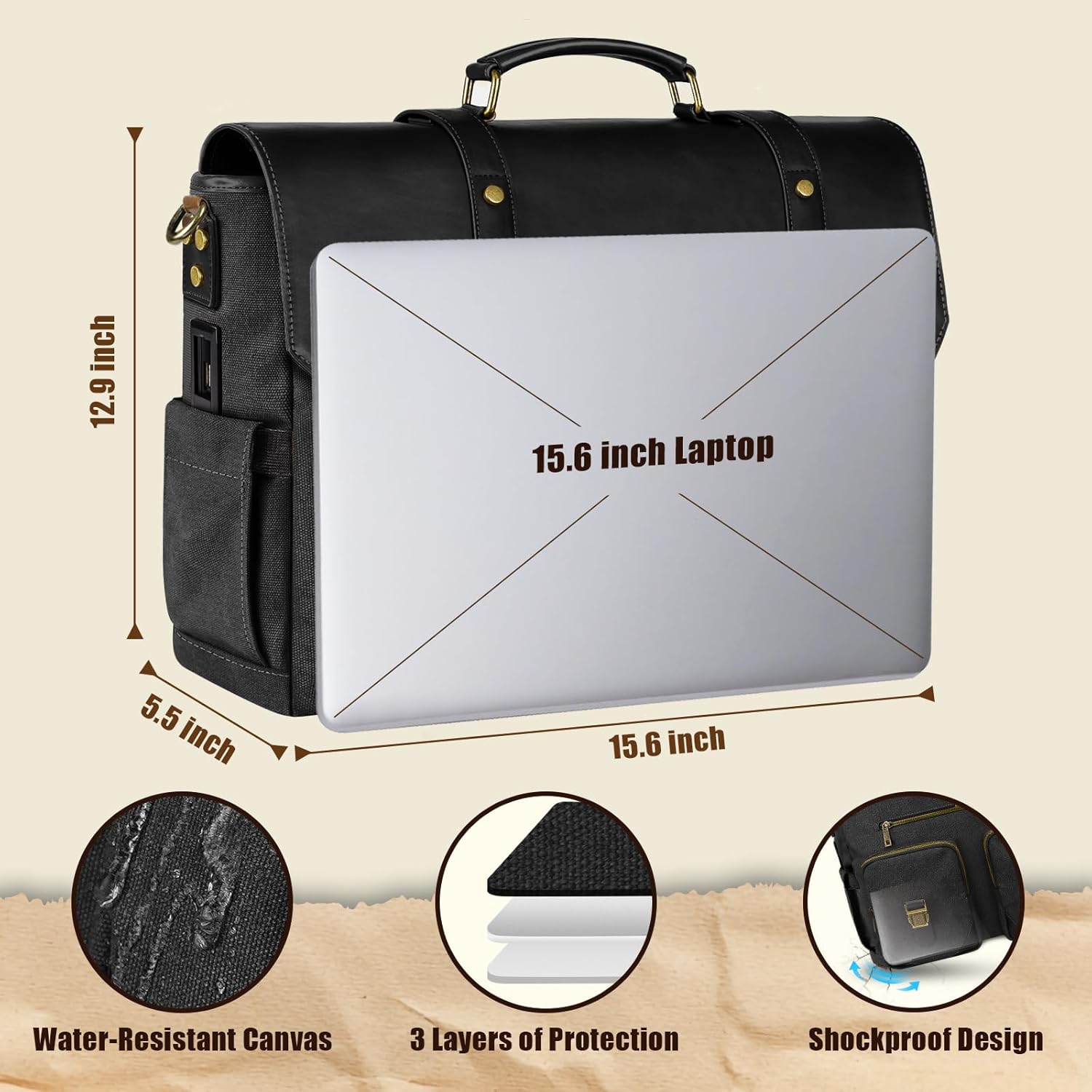 MATEIN Vintage Messenger Bag for Women, 15.6 Inch Laptop Bag Large Canvas PU Leather Briefcase with USB Port, Water Resistant Computer Shoulder Satchel Crossbody for Work Commuting, Grey-Black - Image 8