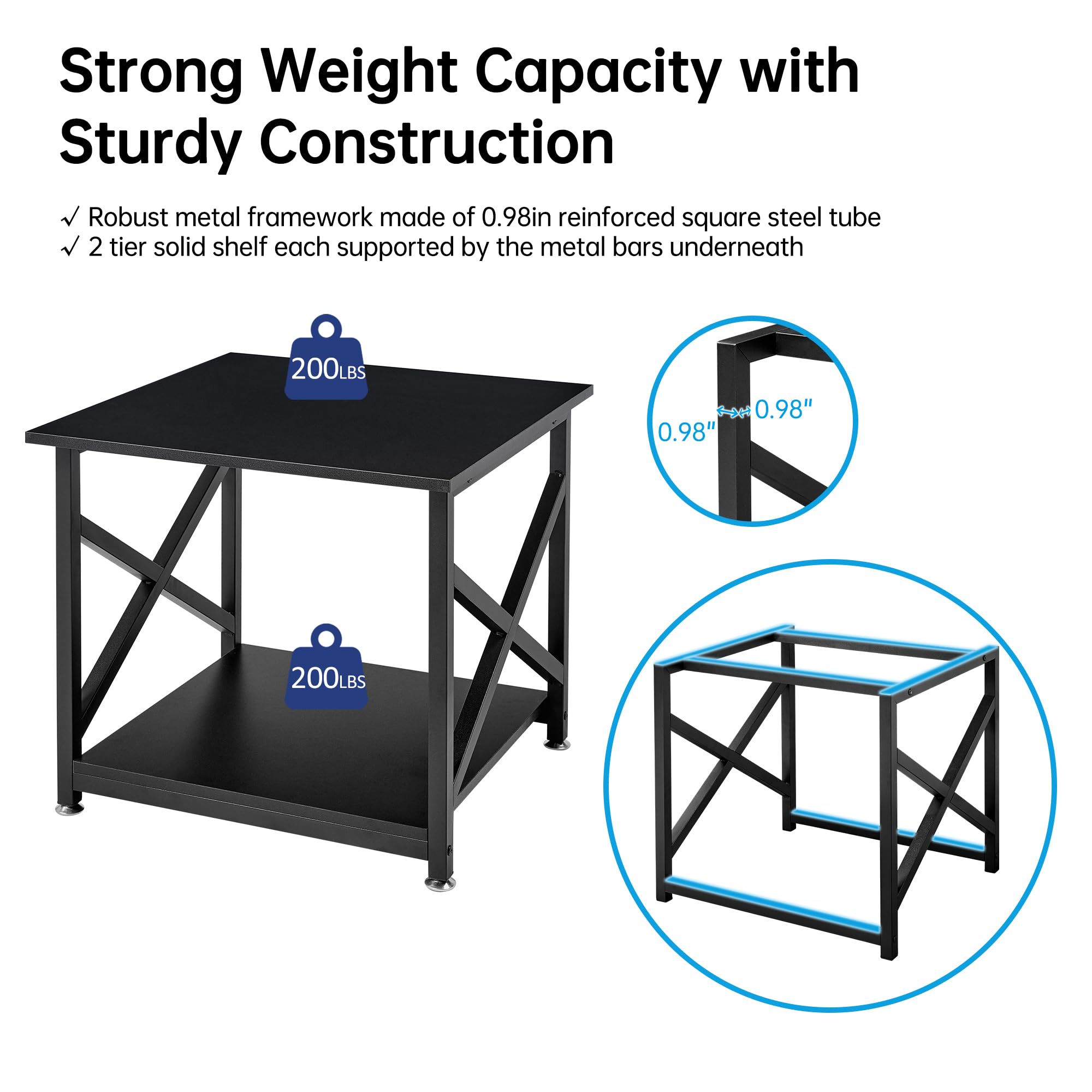 Fannova Supporto per stampante quadrato a 2 ripiani, 60 x 50 x 50 cm, con ripiano portaoggetti, carrello per stampante con ruote industriali, per casa e ufficio, mini frigorifero, nero