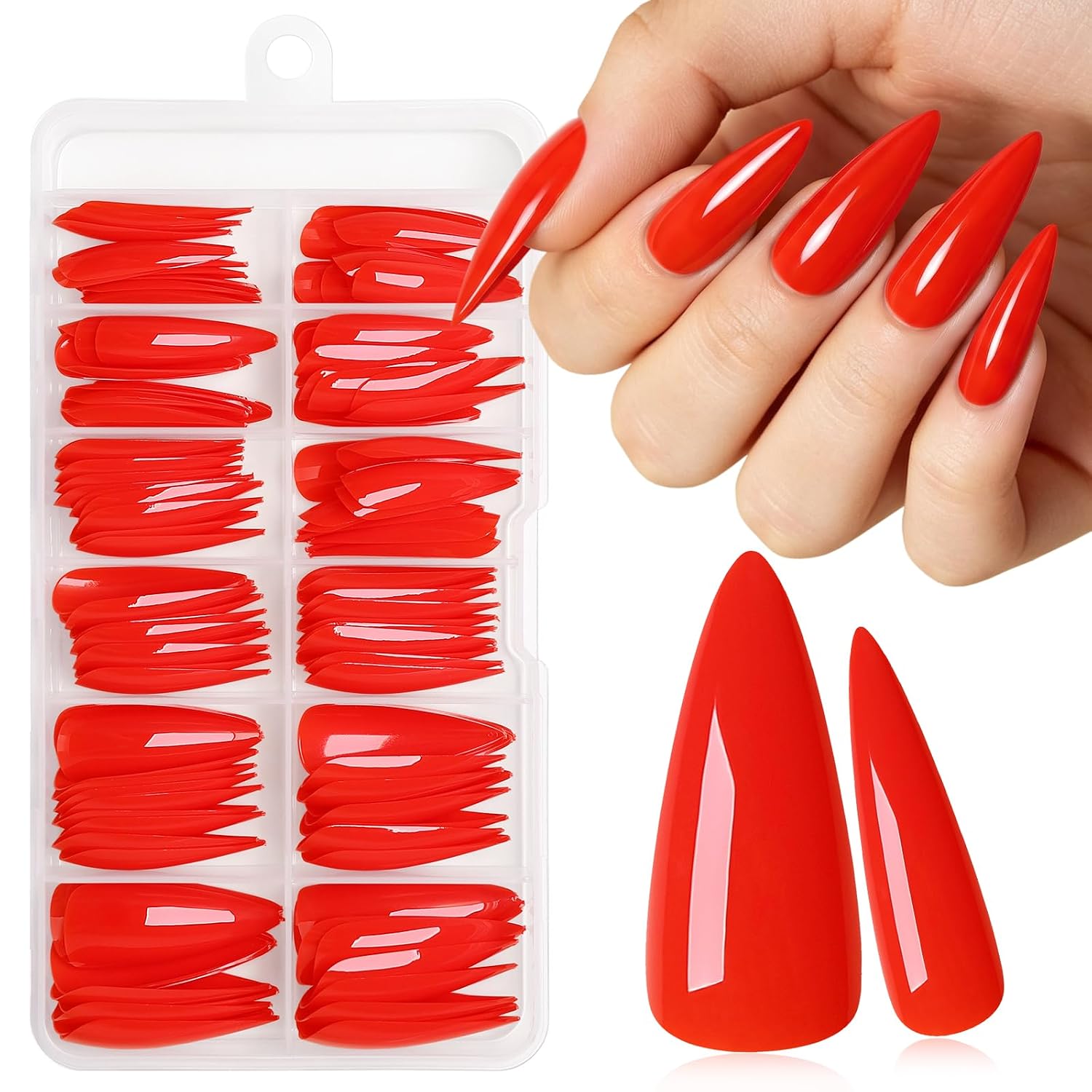 120pc Birght Red Press on Nails Long Fake Nail Stiletto Acrylic Glue Nails