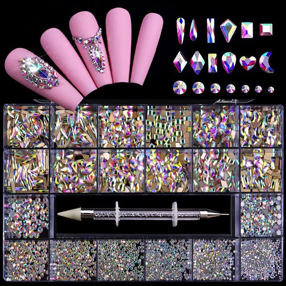 Nail Art Rhinestones Kit AB Flat Nail Sparking Gemstones Decorations DIY Crafts Gems for Nail, Shoes, Clothes, Jewels Accessories (AB Color)