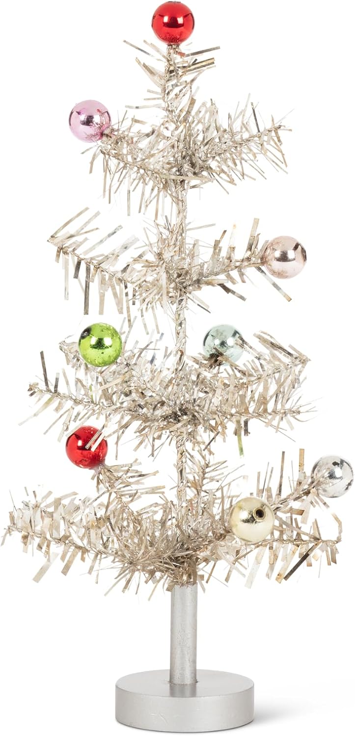 Abbott Collection Small Silver Tinsel & Balls Tree | Plastic/Wood, Silver/Multi, 10"H