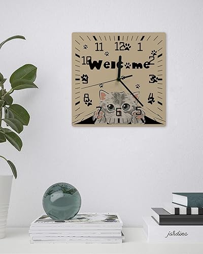 Miniatura 3 de Adorable Cat Welcome Wooden Wall Clock Silent Non Ticking, Retro Paws Footprints Square Wall Clock Battery Operated, Decor Clock for Home Office,