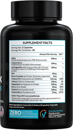 Miniatura 2 de DHEA - Complejo micronizado de 200 mg con pregnenolona Suplemento de 100 mg para hombres y mujeres con Ashwagandha, DIM, magnesio, boro, calcio,