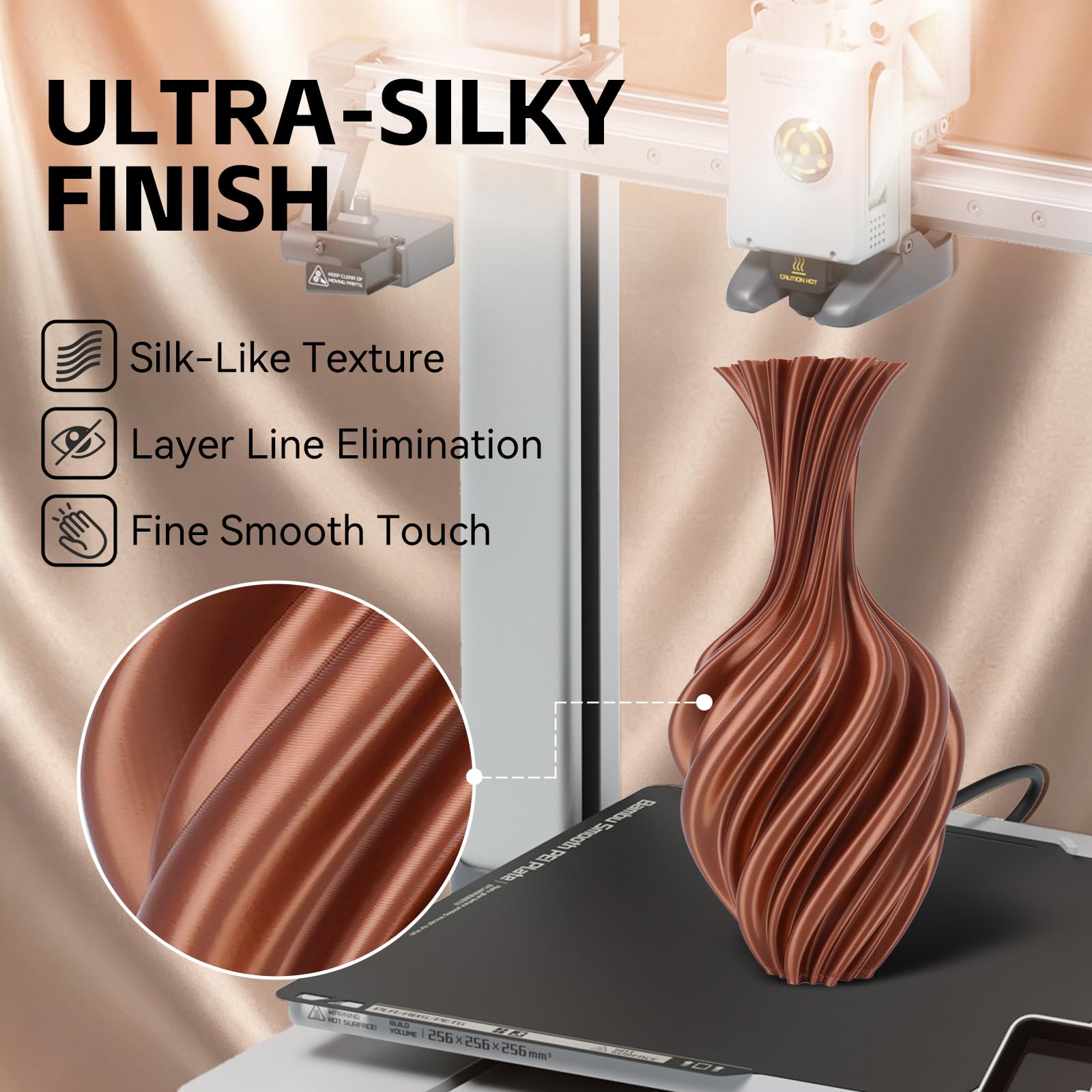 Filamento de seda PLA para impresora 3D, precisión dimensional +/- 0.03 mm, carrete de 1 kg (2.2 libras), filamento PLA brillante de 1.75 mm (cobre)