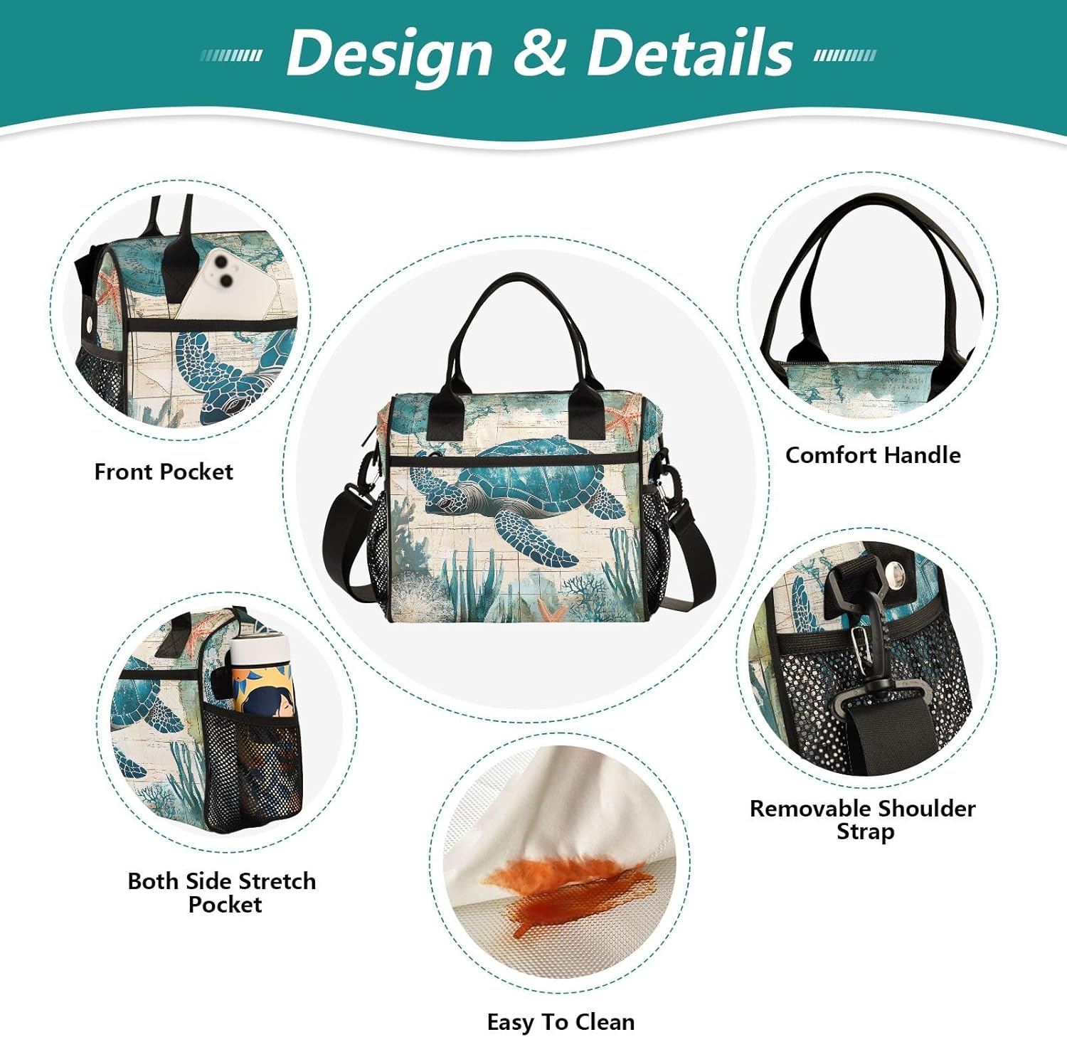 Sea Turtle World Large Insulated Lunch Bag for Office Work School Picnic Reusable Tote Bag