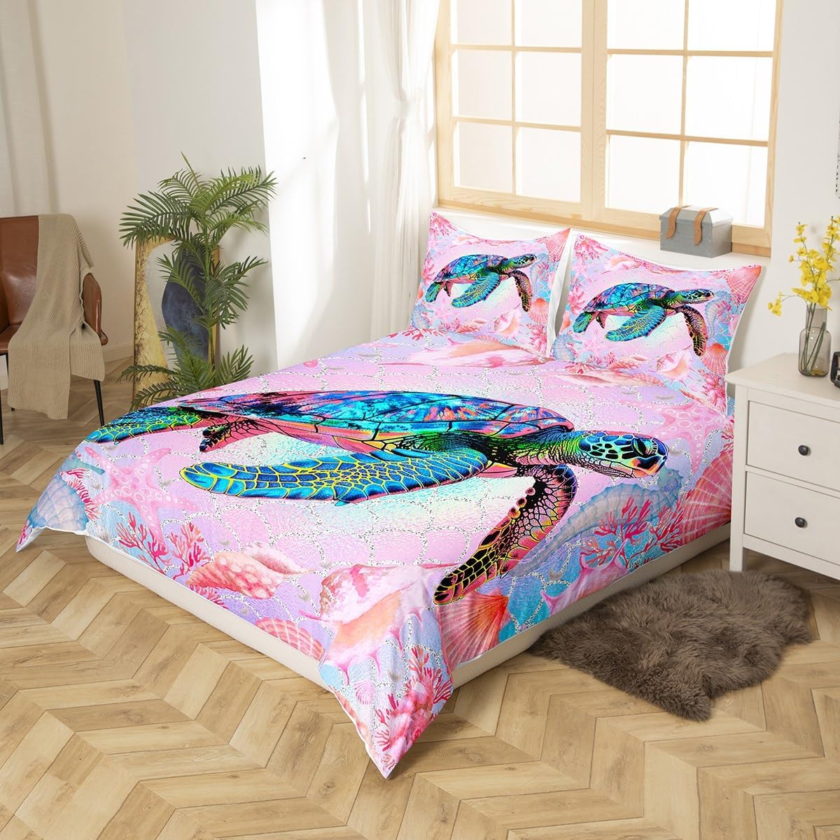Feelyou Colorful Sea Turtle Bedding Set Under Sea Animals Themed Duvet Cover Set Kids Boys Girls Pink Shells and Corals Comforter Cover Ombre Quilt Cover Bedroom Collection 2Pcs King,No Comforter