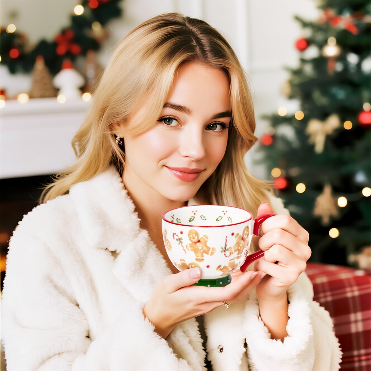 Christmas Ceramic Coffee Mug - 15 OZ Merry Christmas Gingerbread Man Coffee Cup with Spoon, Xmas Themed Tea Milk Drinking Mugs, Winter Holiday Cups Funny Gift for Women Men Children Kids Family