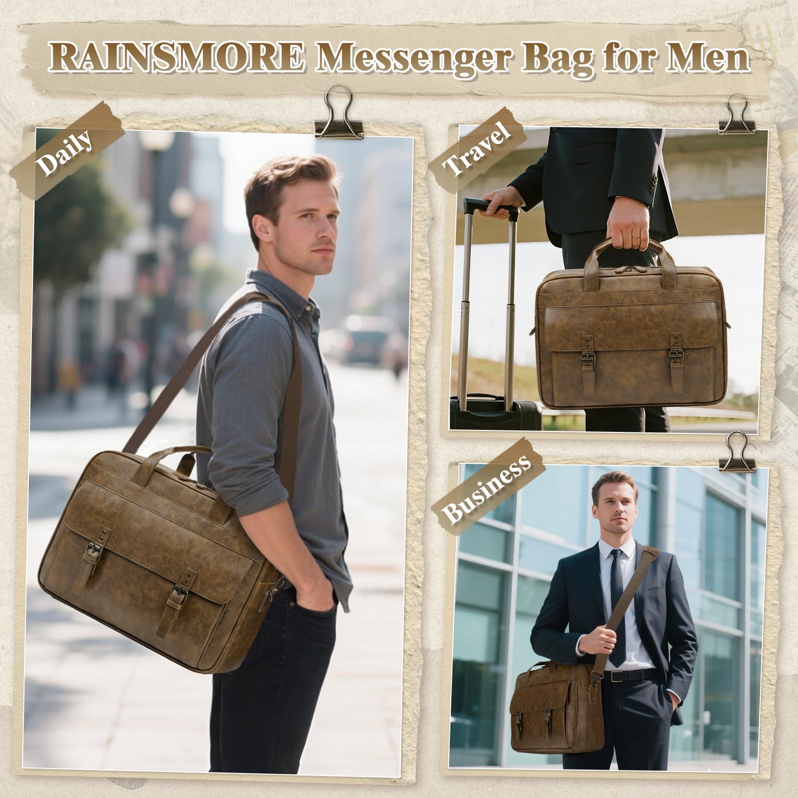 RAINSMORE Borsa messenger da uomo in pelle vintage da 17 pollici