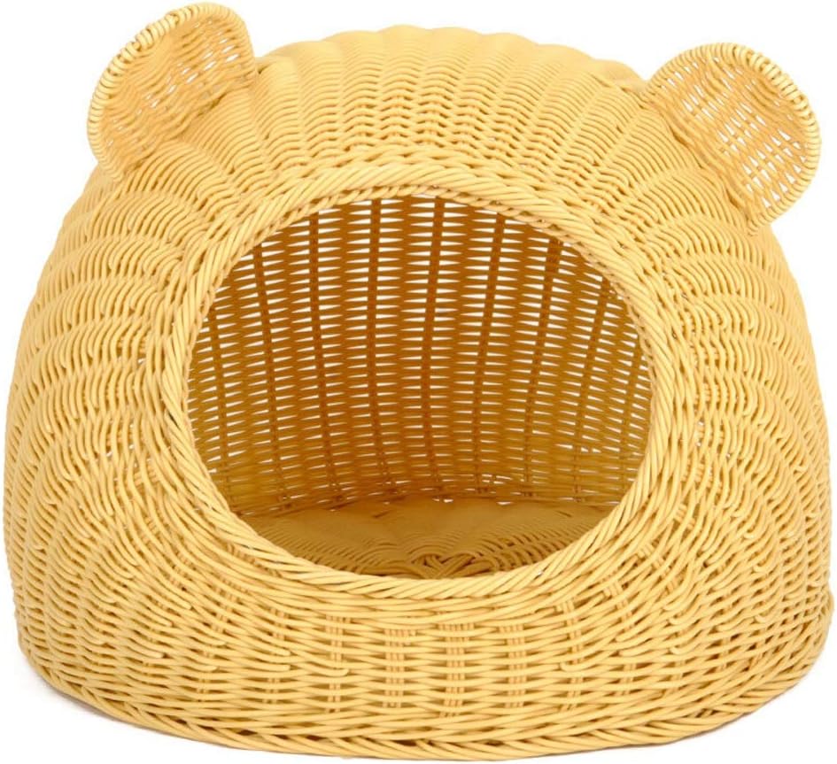 Alppq Primary Color Rattan Nest Bamboo Plastic Cat House Cat Ears Cat Bed Four Seasons Universal Doghouse Pet Cave Luxury Soft Washable Cat Nest Villa Easy to Clean Comfort Cat Dog Nest Pet Bed