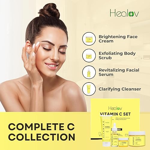 Miniatura 2 de Set de cuidado de la piel con vitamina C  Limpiador facial hidratante, exfoliante corporal, crema facial y suero antienvejecimiento  Vit C reduce la