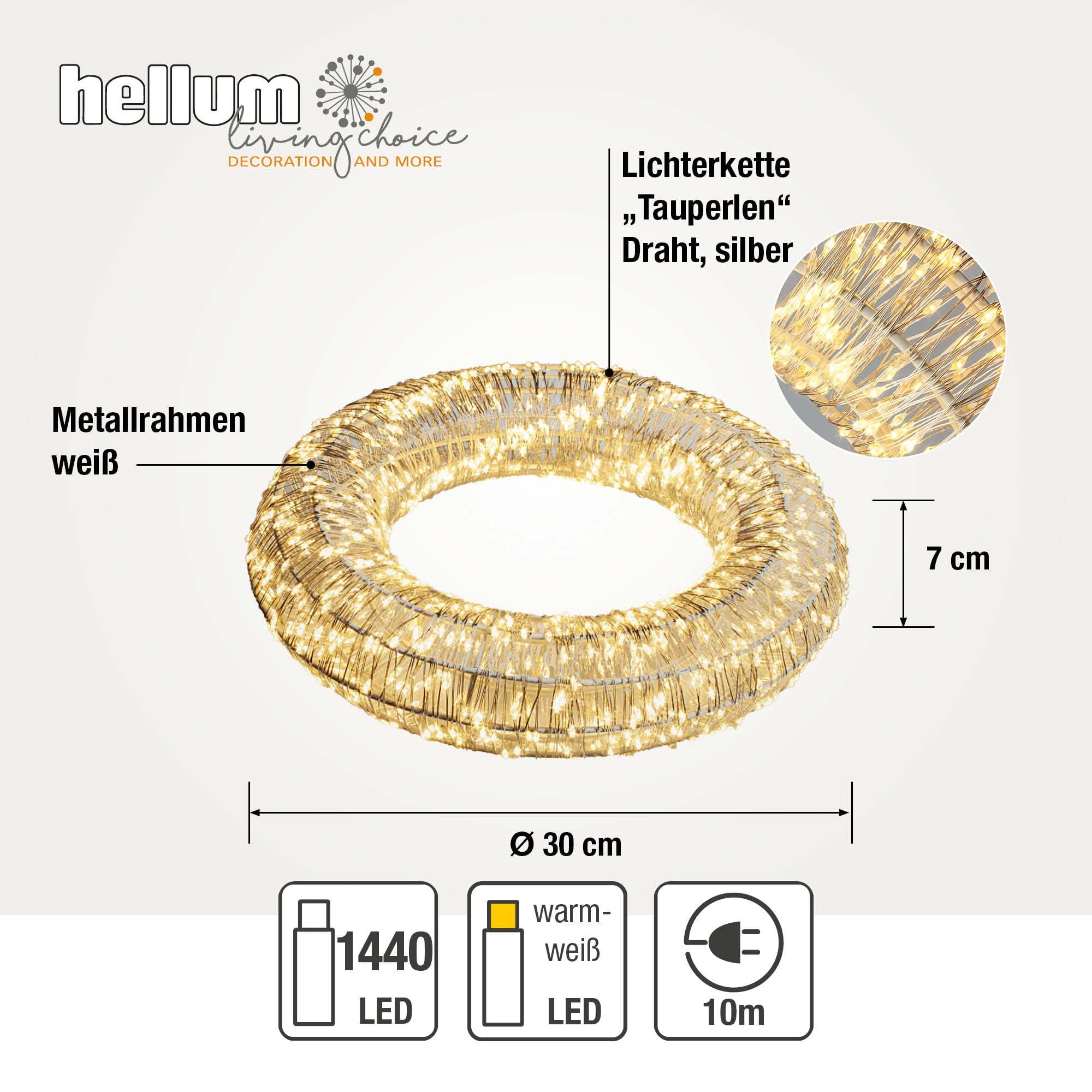 hellum LED Lichterkranz mit Timer Ø30cm, mit Tauperlen LED Lichterkette außen und innen 1440 warmweiße Lichter, Außen-Transformator, Weihnachtsdeko Fenster, Hochzeitsdeko, Gartendeko 153095