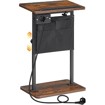 HOOBRO Side Table Bedside Table Narrow with Charging Station C Shape