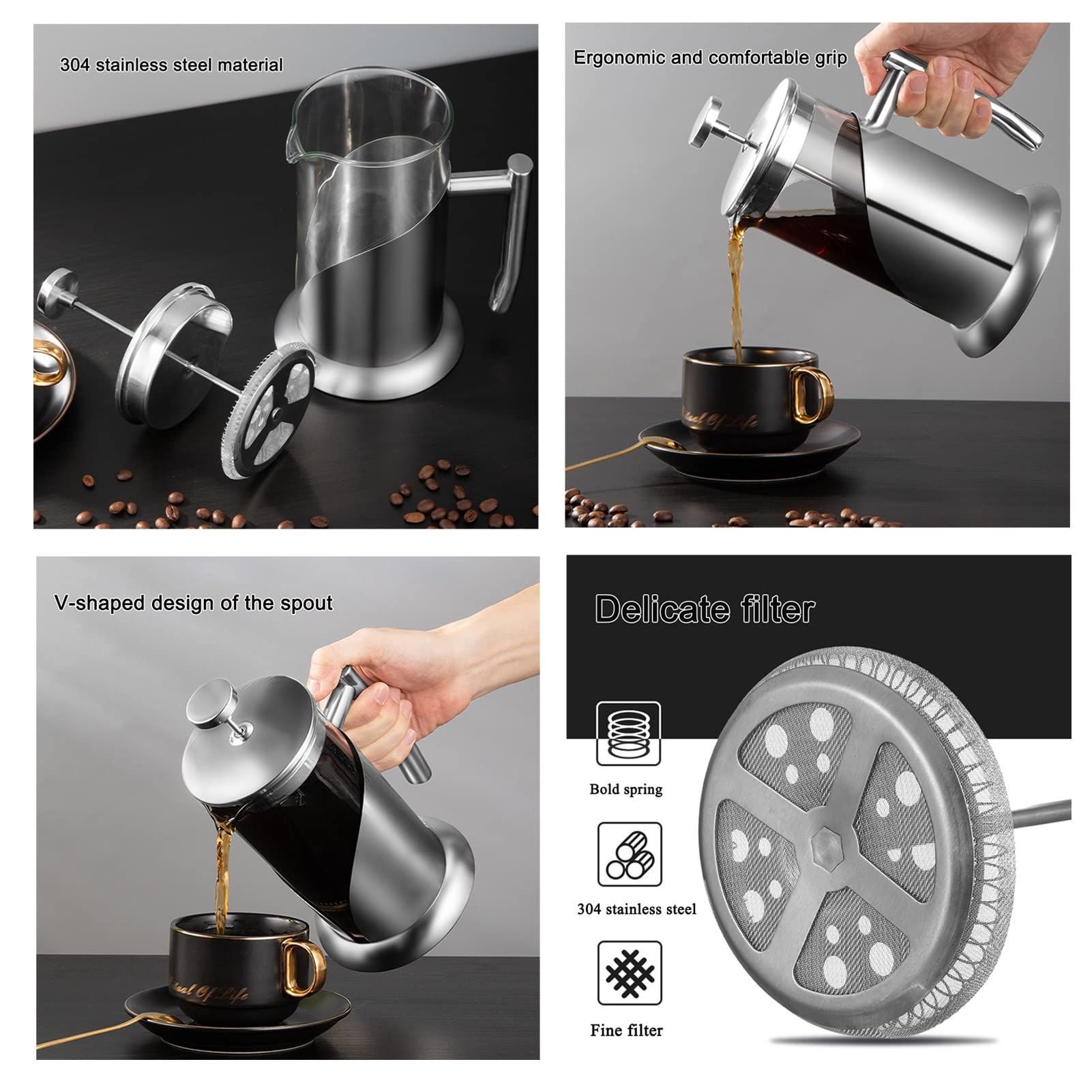 Cafetera Émbolo,Cafetera Francesa De Acero Inoxidable De 304 Grados Con 3 Filtros,Vidrio Borosilicato Cafetera De Piston Tetera,Resistente Al Calor Duradera,Soporte Extraíble Para Una Fácil Limpieza