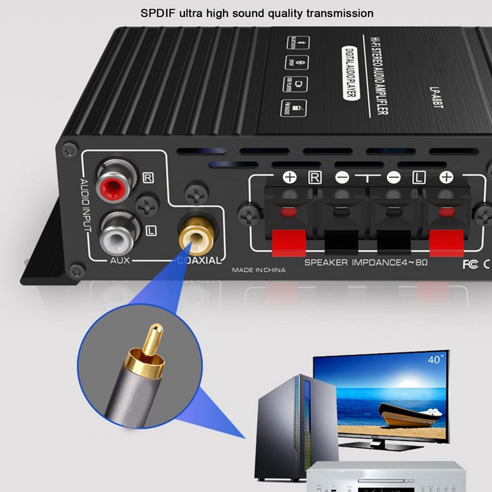 Amplificatore Stereo BT 5.0, Portata Wireless Oltre 40 Piedi, con Display a LED Digitale, Antenna Attrezzata e Telecomando, Ricevitore Stereo da 40 W X 2 per Auto da Casa
