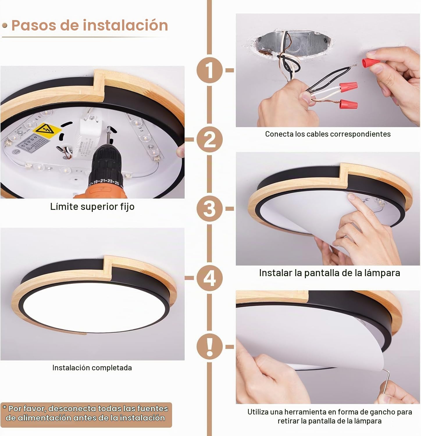 WOKNOS 24W 2650LM 4000K Plafón LED Redondo de Madera, Plafón Blanco 30cm,Dormitorio Salón Cocina Pasillo Comedor