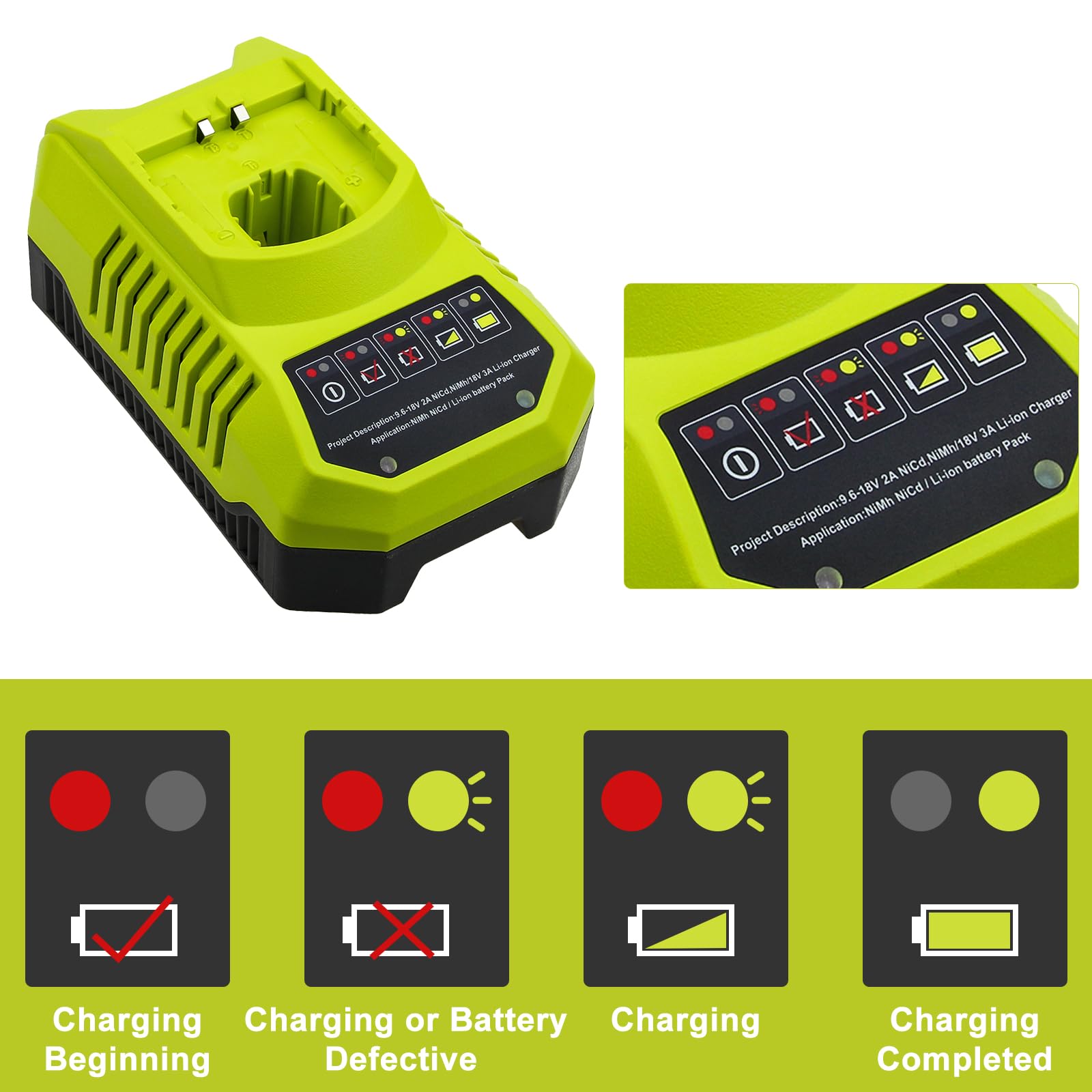 3A 9.6V-18V Remplacement Chargeur pour Ryobi 18V P108 P107 P104 P105 P102 P103 Outils Lithium-ION & NI-Mh Batterie