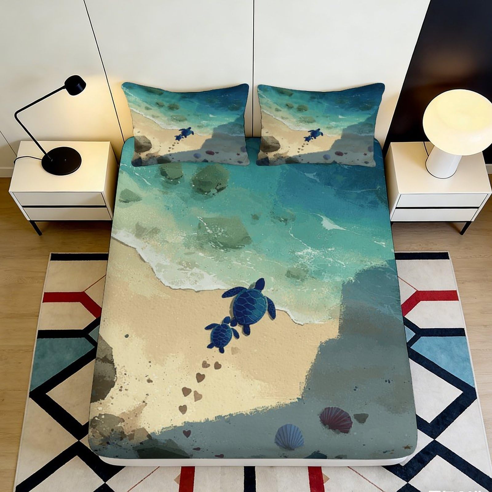 Jqzkxnhpbr Style-5 3D Printed Ocean Beach Fitted Sheet Microfiber Soft Breathable Sea Turtle Bed Cover For Bedroom Dorm Decor Protection 90X200x25cm
