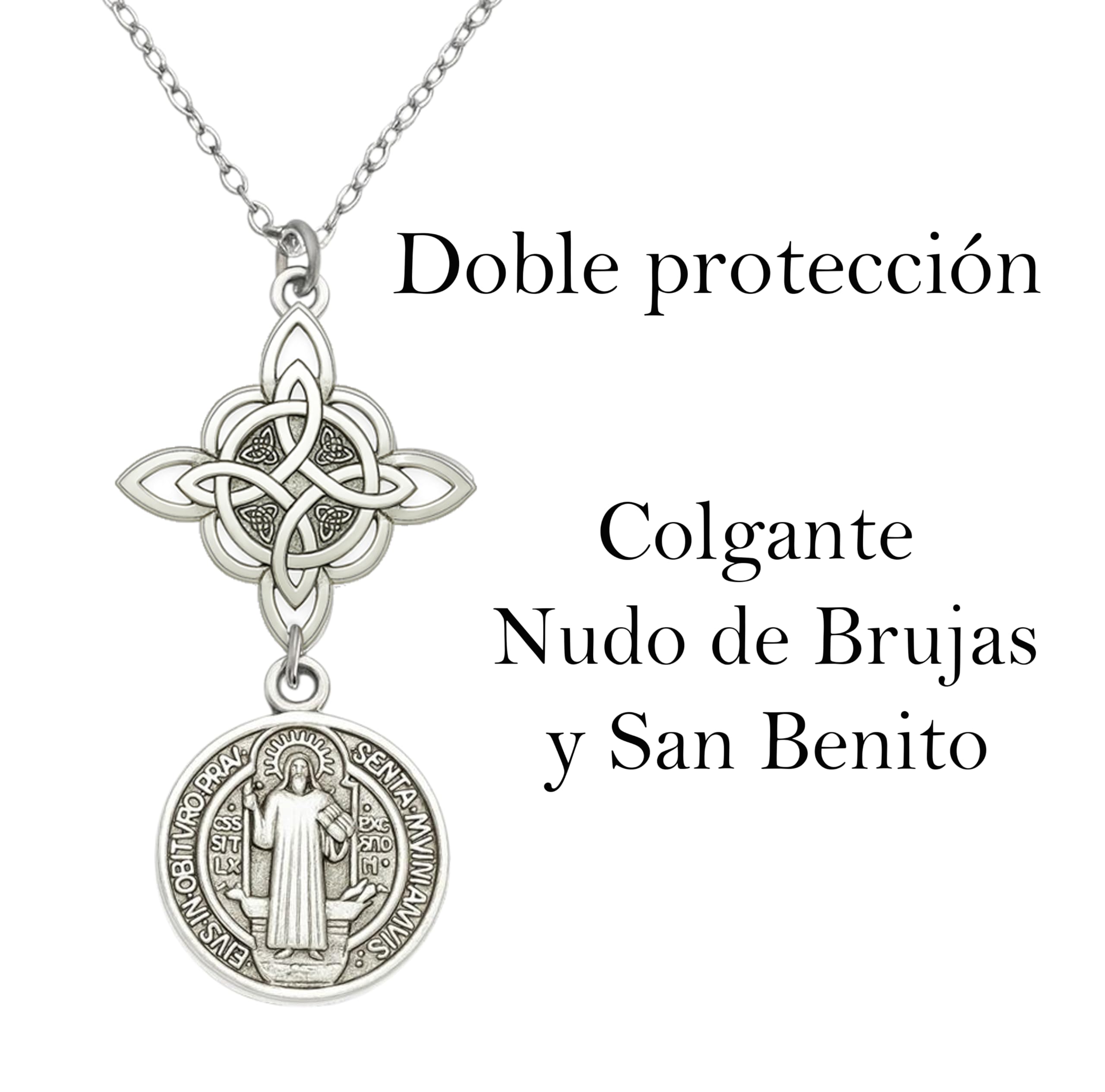 Collar Nudo de Bruja Plata con Tetragramatón – Colgante de Protección y Energía Positiva para Mujer – Regalo Original Hecho en España, Amuleto Espiritual en Zamak con Baño de Plata y Cadena de Acero