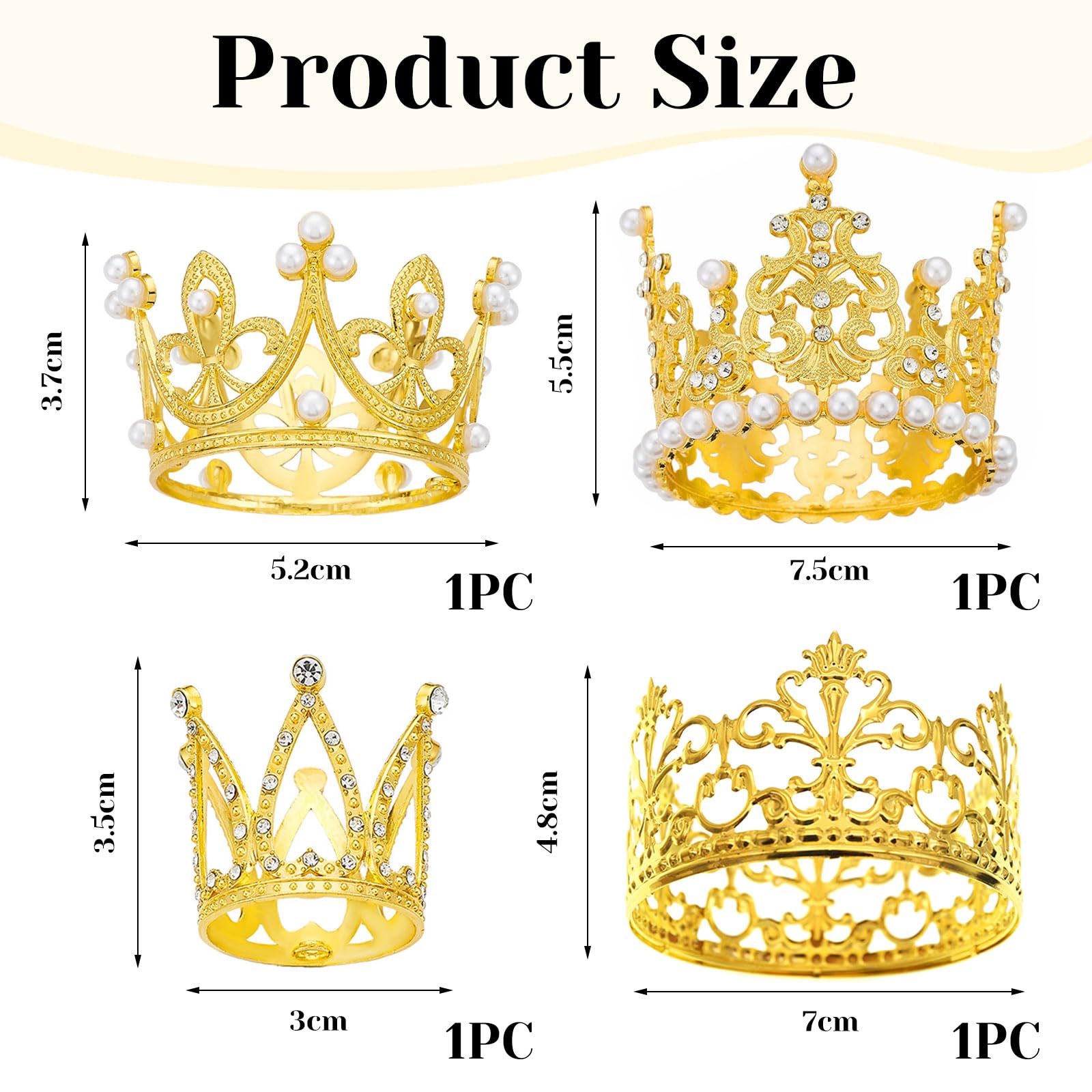 Kabwea Set of 4 Gold Crown Cake Toppers, Queen Princess Cake Decorations for Birthdays Weddings and Party Decor, Gold Crown - Image 2