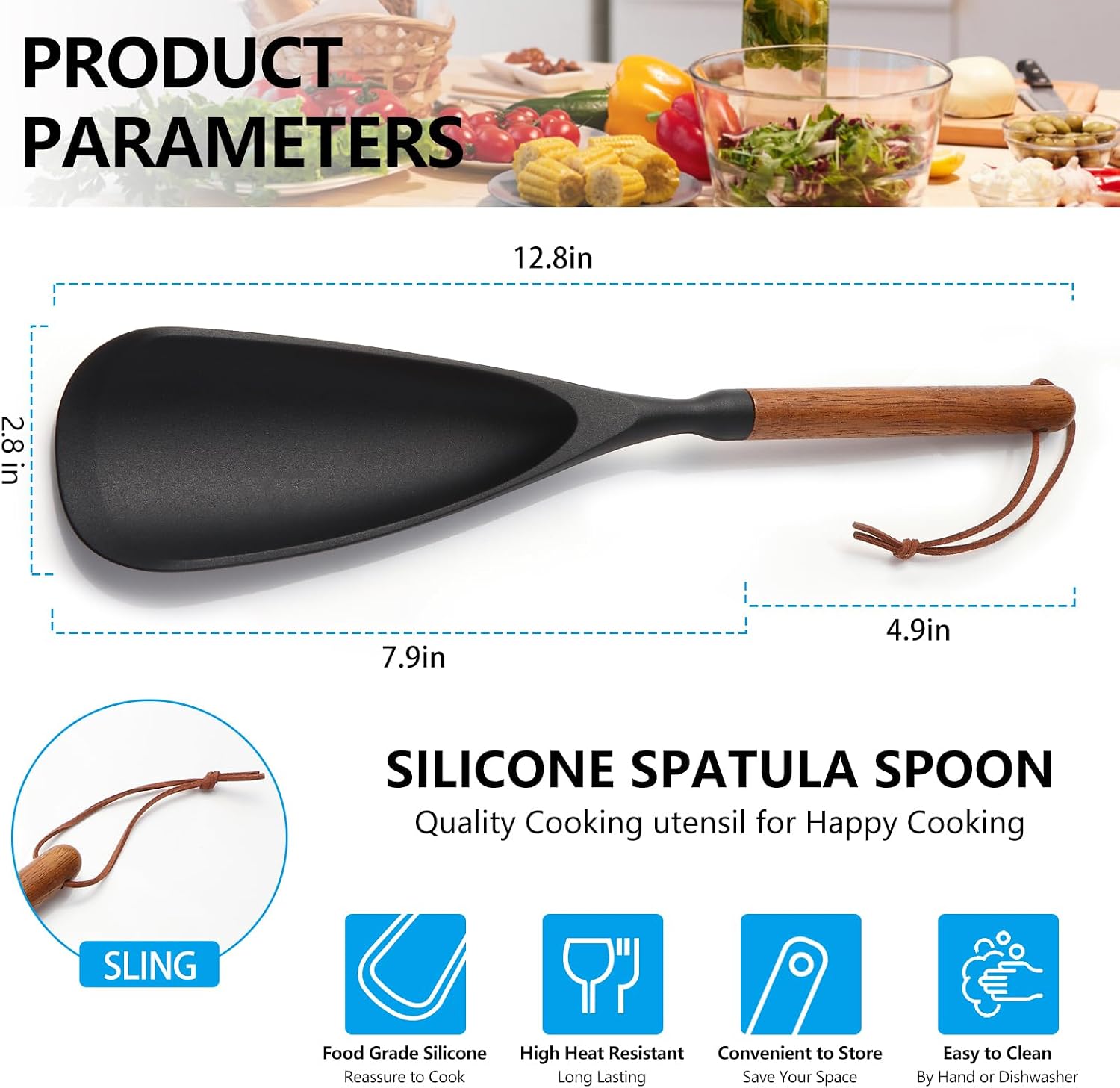 Multifunction Silicone Spatula Spoon - Premium Kitchen Utensil Set for Cooking, Baking, and Serving，Silicone Ladle and Spatula for Non-Stick Cookware，Wood Handle Spoon (Black 2-Pack)