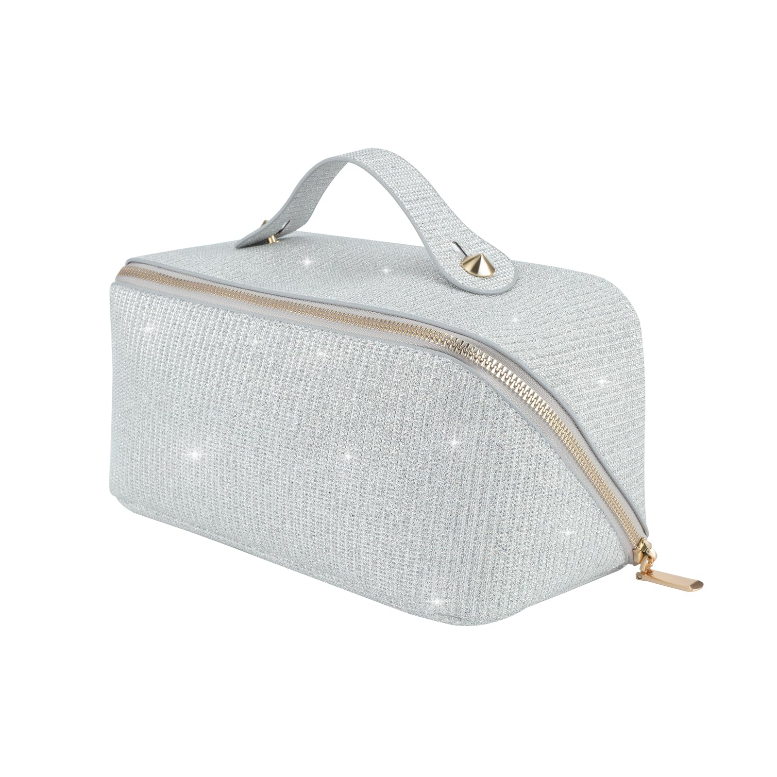 KEYPOWERLarge Capacity Glitter Sequin Cosmetic Bag Travel Makeup Bag Sparkly and Shiny Portable Toiletry Bag with Handle for Women (Silver)