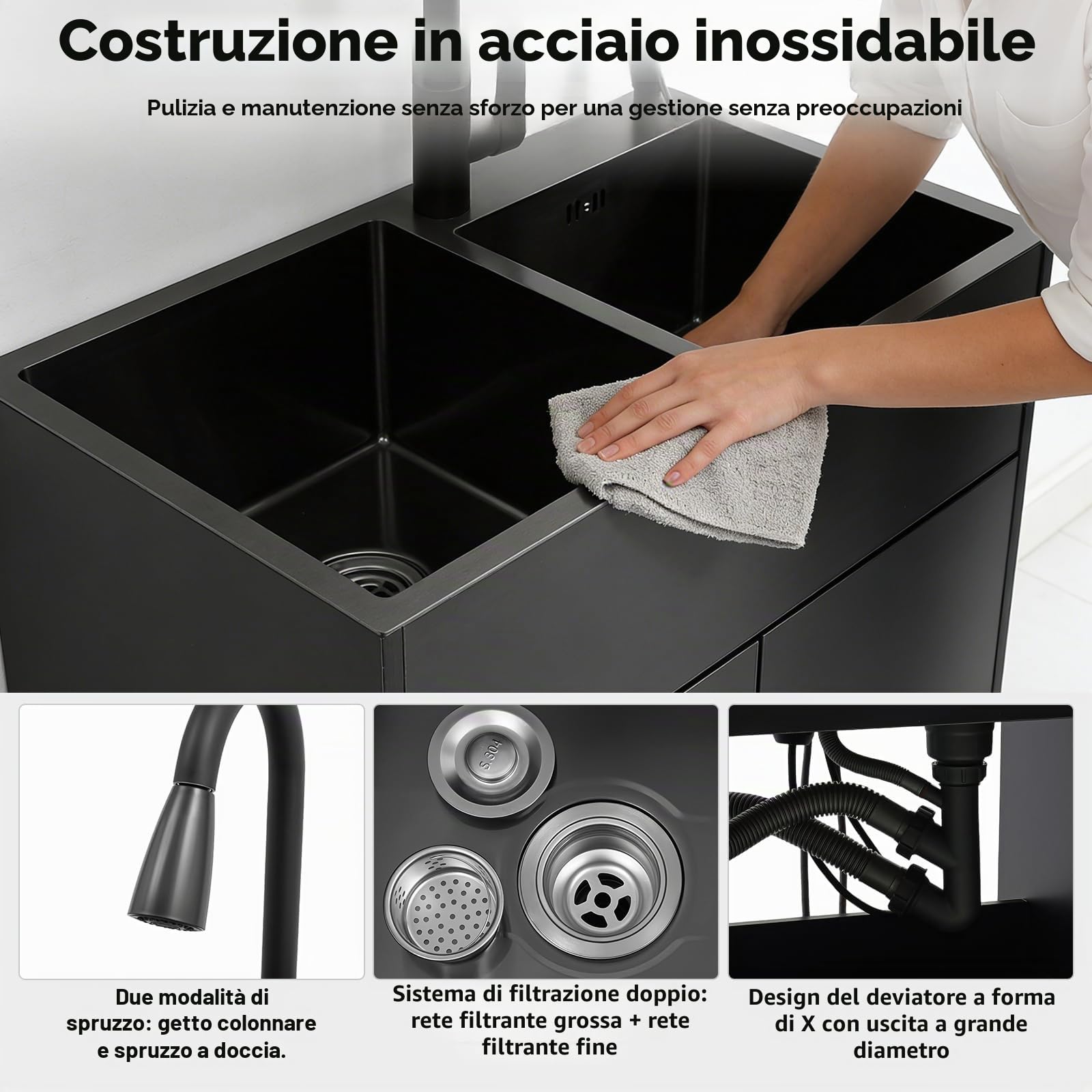 Lavello in acciaio INOX con sottolavello, 75 x 41 x 78 cm, indipendente, multifunzione, set con rubinetto estensibile, armadio, distributore di sapone e scola piatti per cucine e ristoranti