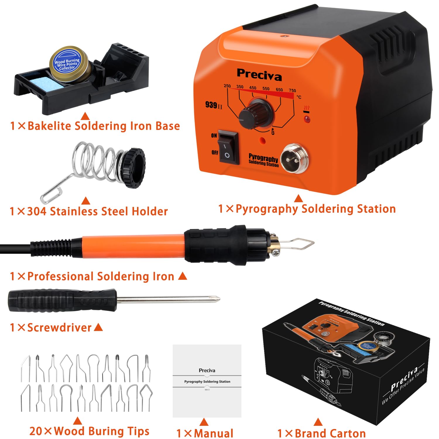 Kit de Pirograbador de Madera,Preciva 40W/220V Máquina de Pirografía de Temperatura Ajustable,Soldador Pirografo Electrico Profesional para Madera,Cuero y Corcho. (1)