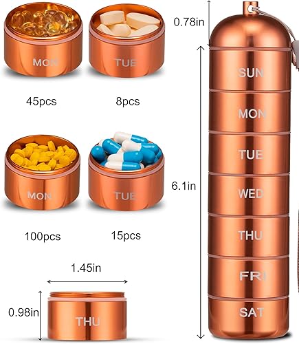 Miniatura 2 de Vorey Pastillero de metal, pastillero de viaje, organizador de medicamentos, portátil, impermeable, semanal, apilable, contenedor de píldoras diario