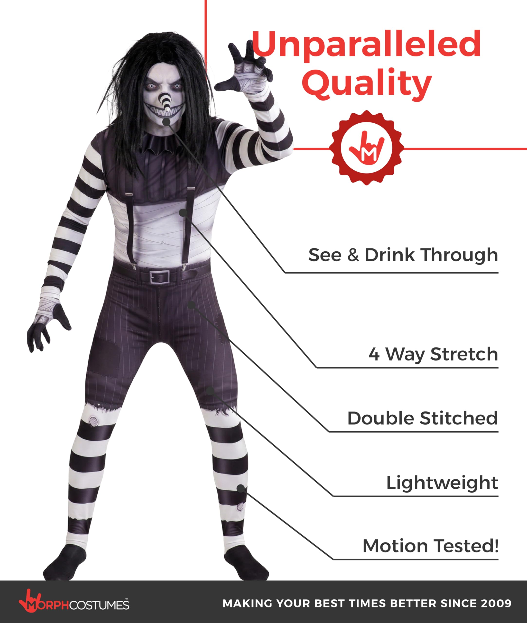 Morphsuits Disfraz Payaso Terrorífico Creepypasta Adulto Hombre Cuerpo Entero Peluca Capucha Cremallera Halloween
