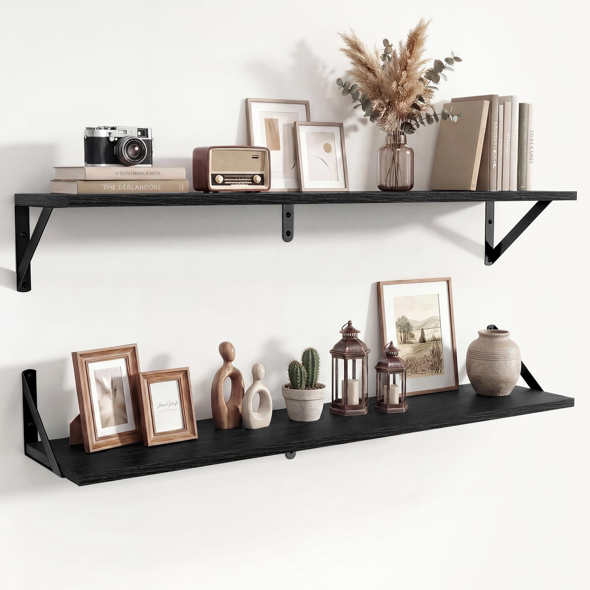Axeman 36 Inch Floating Shelves | 8 Inch Deep Black Wall Shelves Set of 2 | 36''W x 8''D Rustic Black Wood Shelves for Bathroom Living Room Bedroom Kitchen โ image 1